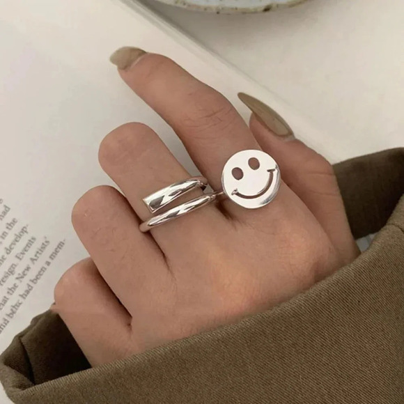 Jewelry - Minimalist 925 Sterling Silver Big Happy Face Ring Dainty Geometric Smile Ring